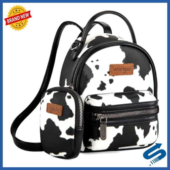 Mini Vegan Leather Backpack with Wallet Western Cow Print Design